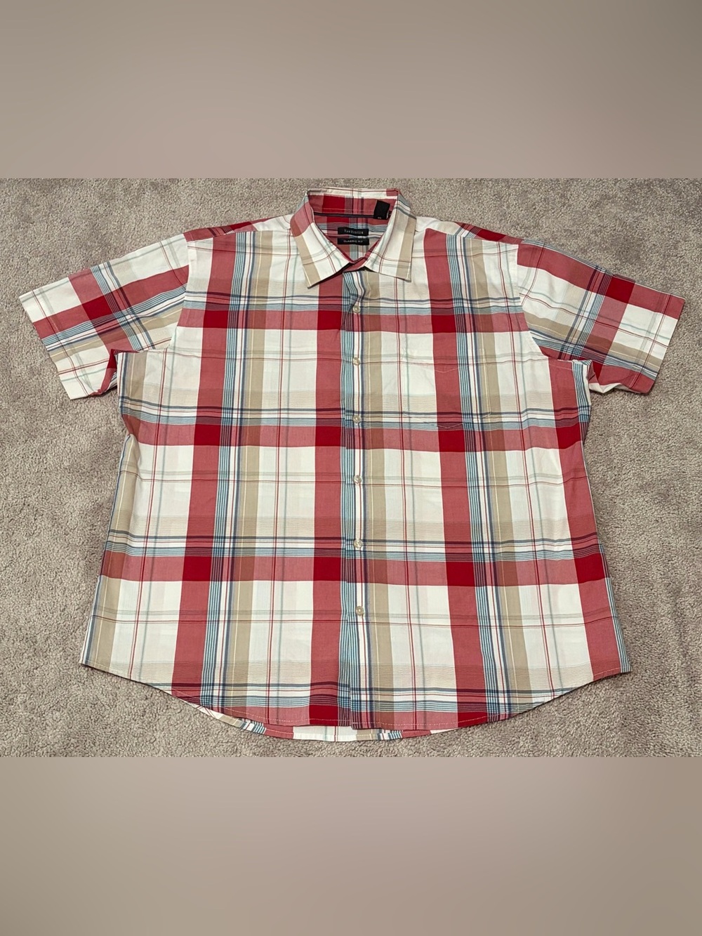 Van Heusen Red White Blue Classic Fit Plaid Button Up Short Sleeve Men's Size XL